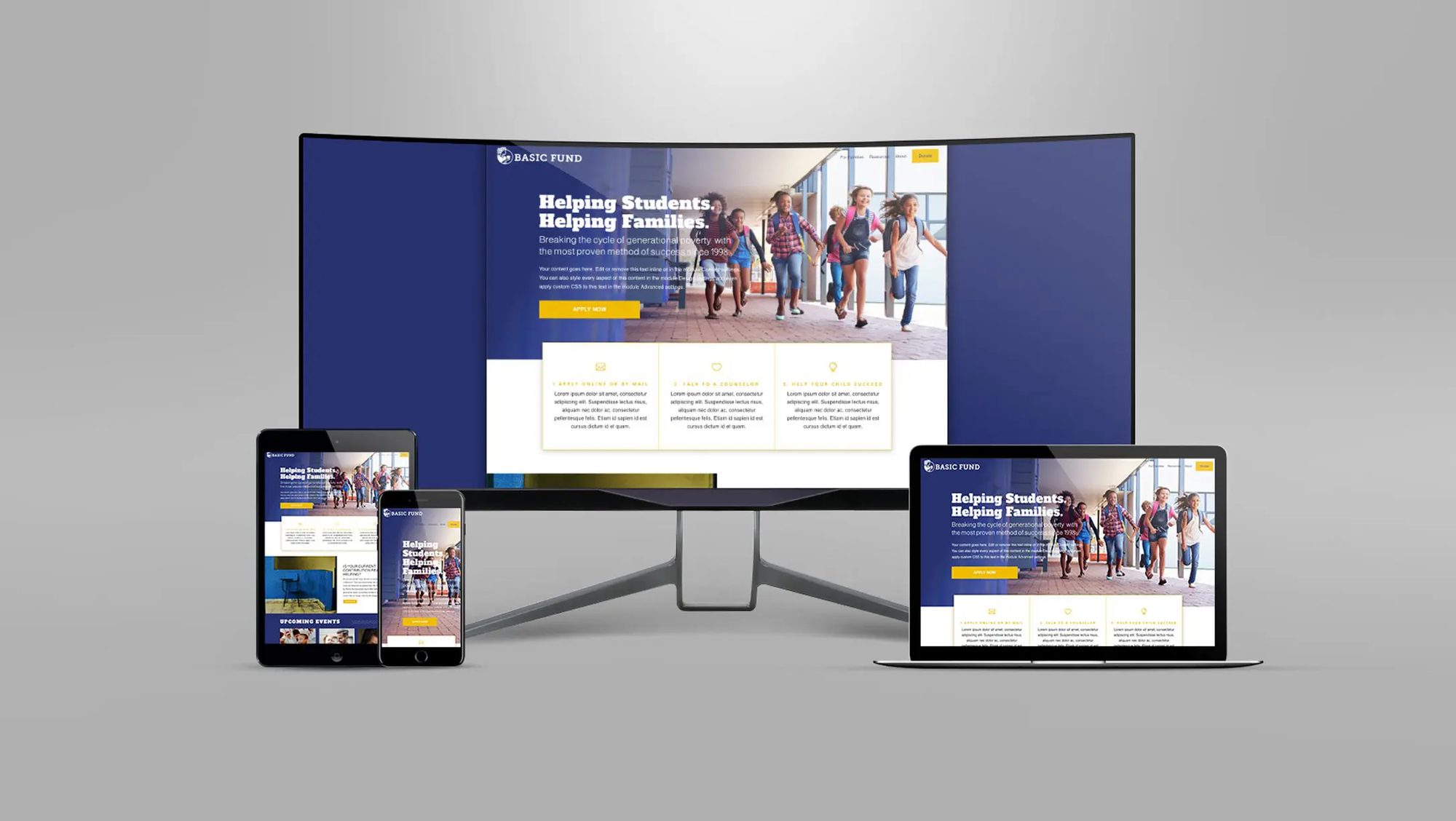basicfund.org on a desktop monitor, laptop, tablet and phone