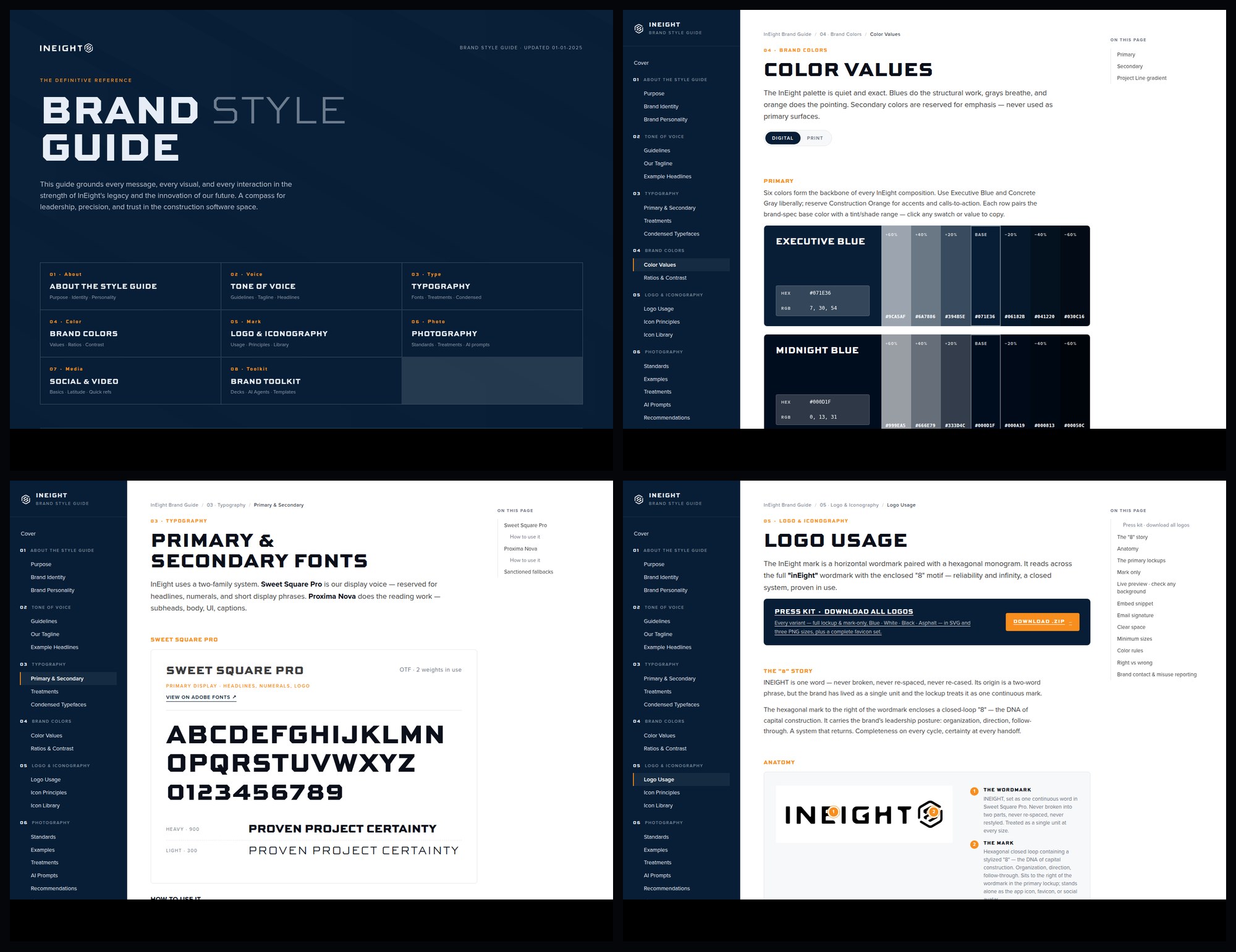 The InEight web-based style guide: the cover, color values, typography and logo usage