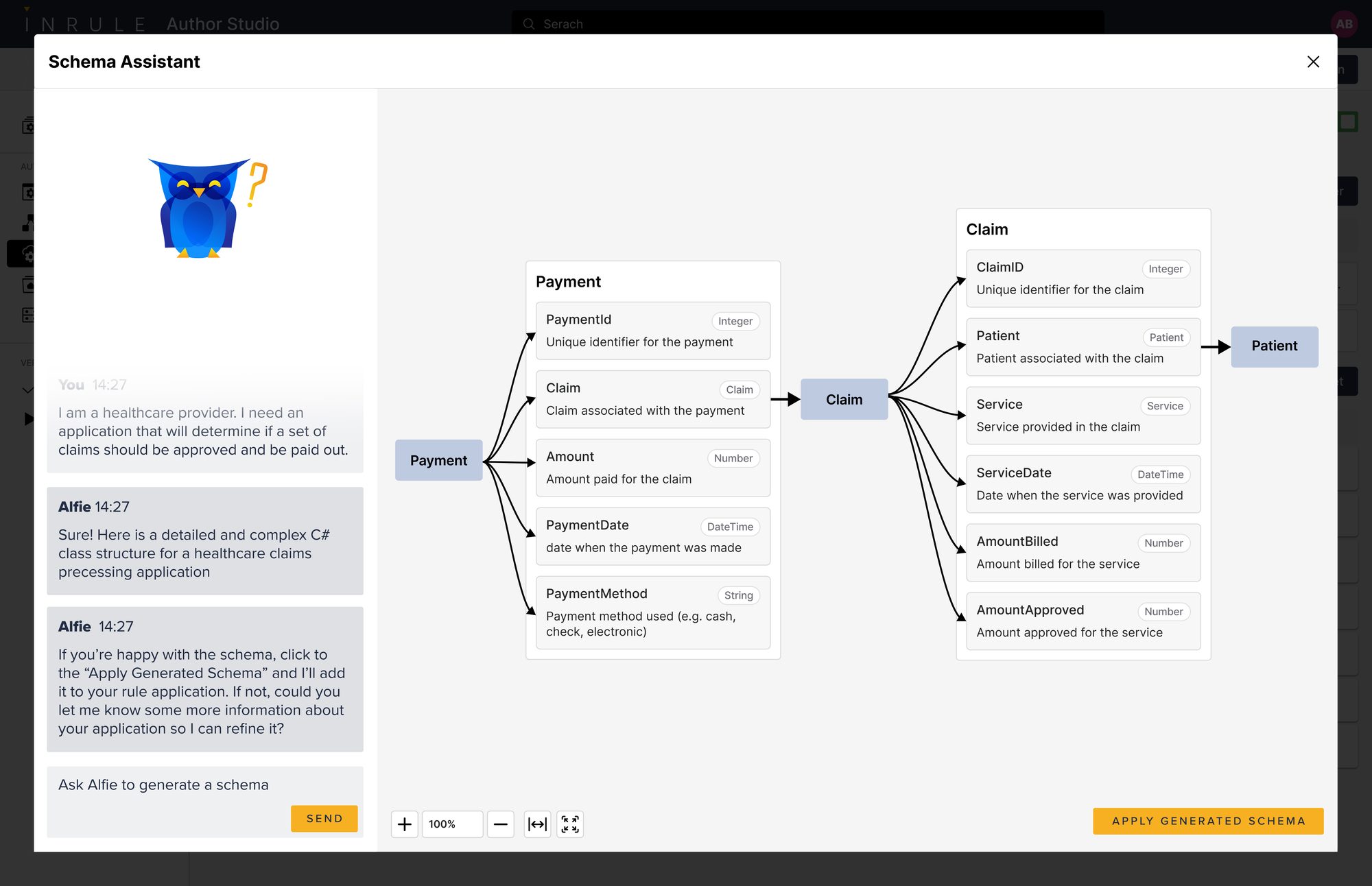 Alfie inside the InRule schema assistant