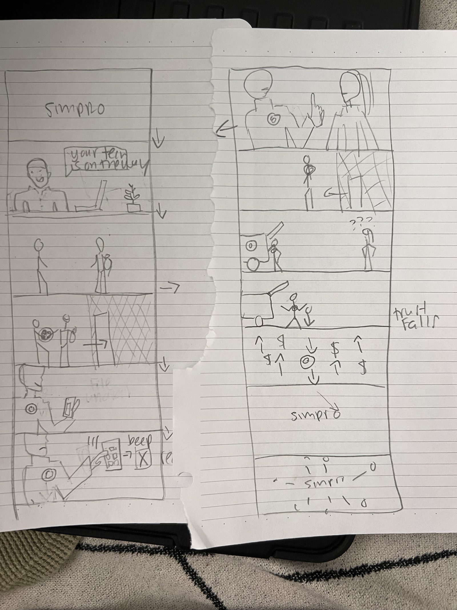 Storyboard sketches in a notebook