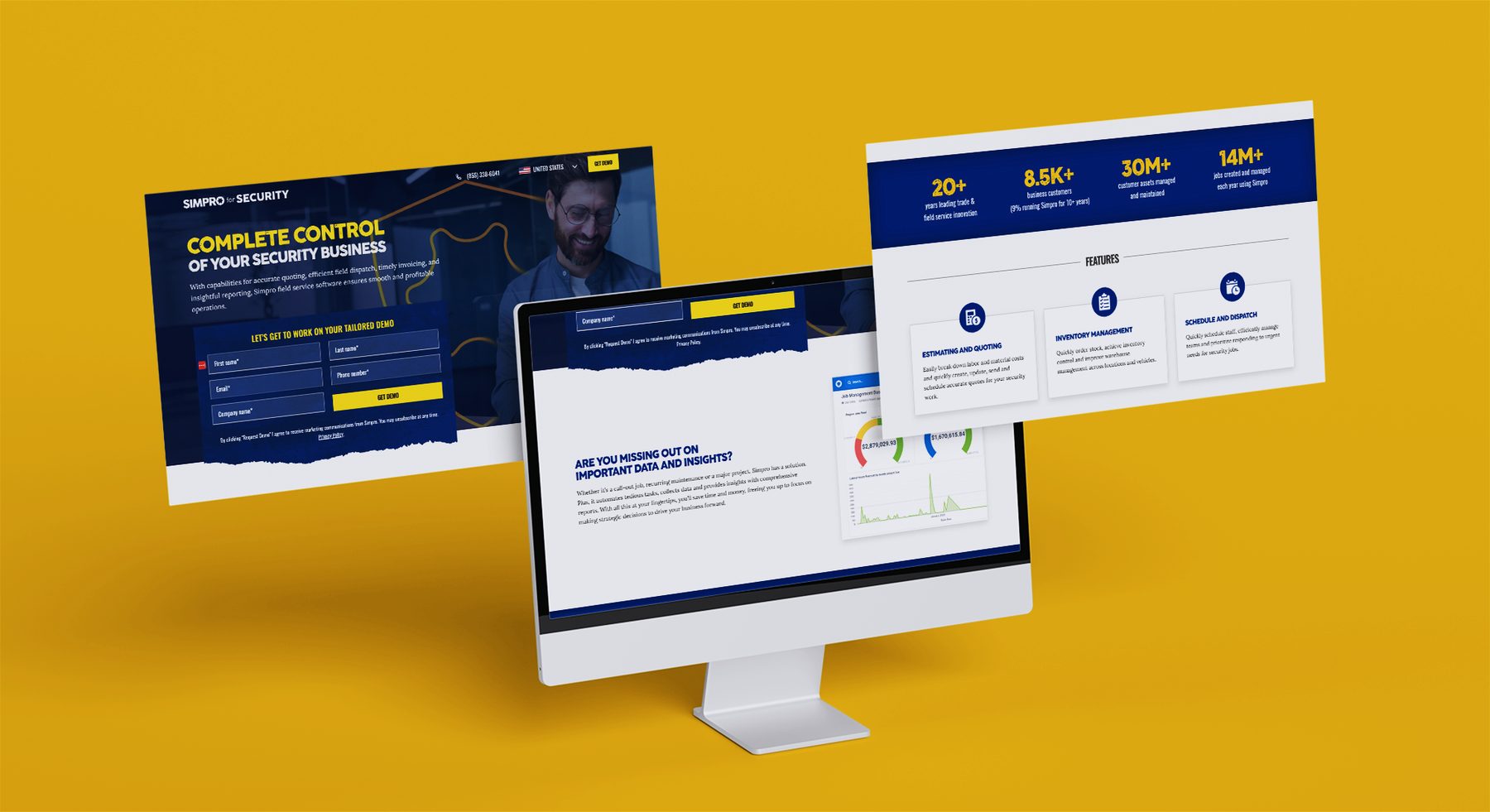 The Simpro for Security landing page on desktop, laptop and tablet